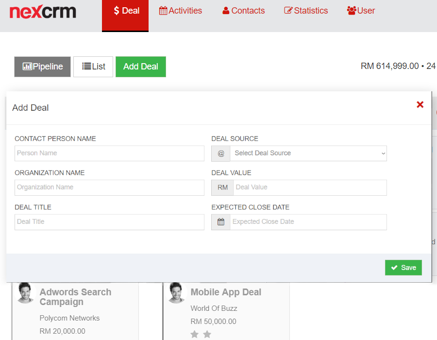 Preview of Adding A Deal In NexCRM